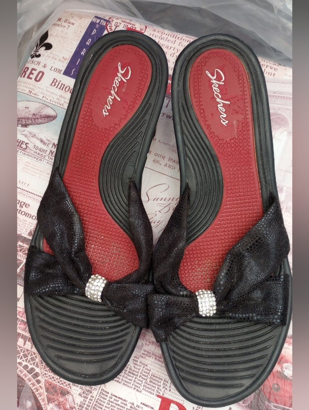SKECHERS Black Slip-On Wedge Sandals with Rhinestone Accent Sz10 - Picture 2 of 4